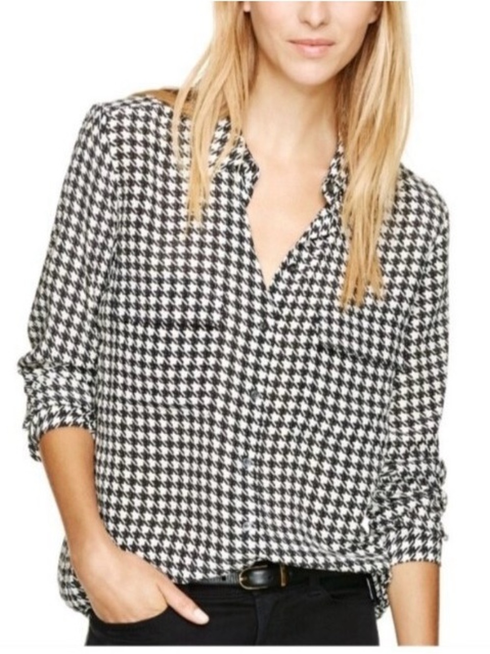 Babaton Houndstooth Button-Up Silk Blouse